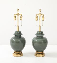 1940s Pair of Moss Green Glazed Ceramic Ginger Jar Lamps - 4270939