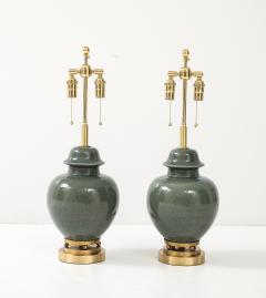 1940s Pair of Moss Green Glazed Ceramic Ginger Jar Lamps - 4270940