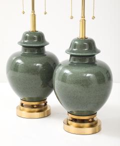 1940s Pair of Moss Green Glazed Ceramic Ginger Jar Lamps - 4270942