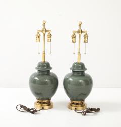 1940s Pair of Moss Green Glazed Ceramic Ginger Jar Lamps - 4270947