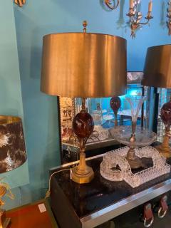 1950 70 Pair of Bronze Lamps and Egg Amber Way Signed Charles With Brass Shade - 4097902