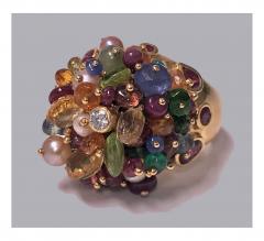 1950 s French 18K Multi Gem Tutti Frutti Dome Cocktail Ring Heavy Quality - 474032