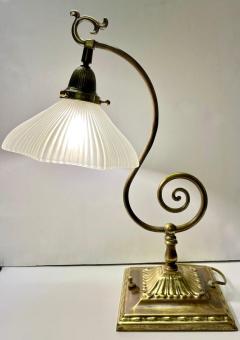 1950s American Art Deco Style Brass Table Desk Lamp with Satin White Glass Shade - 3547256