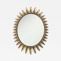 1950s French Patinated Brass Oval Starburst Mirror in Original Condition  - 2561436