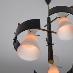 1950s Italian Brass Black Lacquered Chandelier with Opaline Glass Shades - 4415865