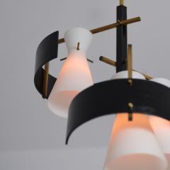 1950s Italian Brass Black Lacquered Chandelier with Opaline Glass Shades - 4415867