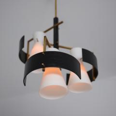 1950s Italian Brass Black Lacquered Chandelier with Opaline Glass Shades - 4415870