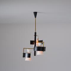 1950s Italian Brass Black Lacquered Chandelier with Opaline Glass Shades - 4415871