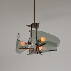 1950s Italian Brass Chandelier with Curved Smoked Glass Shades 3 Light - 4413847