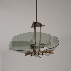 1950s Italian Brass Chandelier with Curved Smoked Glass Shades 3 Light - 4413849