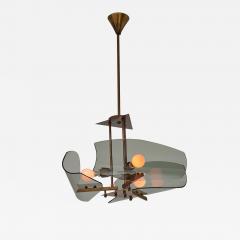 1950s Italian Brass Chandelier with Curved Smoked Glass Shades 3 Light - 4419597