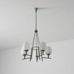 1950s Italian Brass Green Lacquered Metal and Opaline Glass Chandelier - 4551068