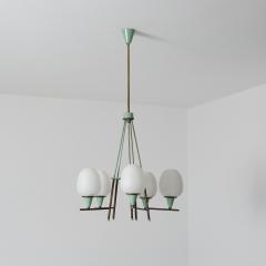 1950s Italian Brass Green Lacquered Metal and Opaline Glass Chandelier - 4551071