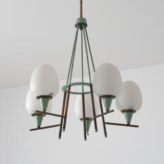 1950s Italian Brass Green Lacquered Metal and Opaline Glass Chandelier - 4551072