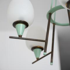 1950s Italian Brass Green Lacquered Metal and Opaline Glass Chandelier - 4551077