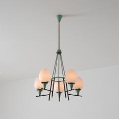 1950s Italian Brass Green Lacquered Metal and Opaline Glass Chandelier - 4551079