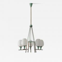 1950s Italian Brass Green Lacquered Metal and Opaline Glass Chandelier - 4551591