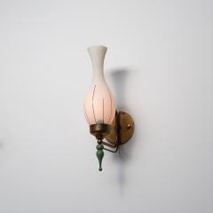 1950s Italian Brass and Green Enamel Wall Sconce with Sculpted Opaline Shade - 4429595