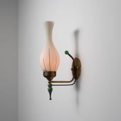 1950s Italian Brass and Green Enamel Wall Sconce with Sculpted Opaline Shade - 4429597