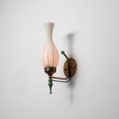 1950s Italian Brass and Green Enamel Wall Sconce with Sculpted Opaline Shade - 4429598