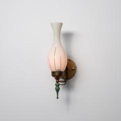 1950s Italian Brass and Green Enamel Wall Sconce with Sculpted Opaline Shade - 4429599