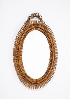 1950s Italian Oval Bamboo Mirror with Chain and Velvet Backing - 4782362