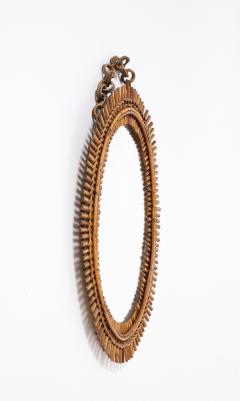 1950s Italian Oval Bamboo Mirror with Chain and Velvet Backing - 4782393