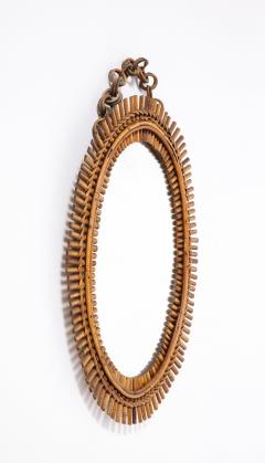 1950s Italian Oval Bamboo Mirror with Chain and Velvet Backing - 4782403