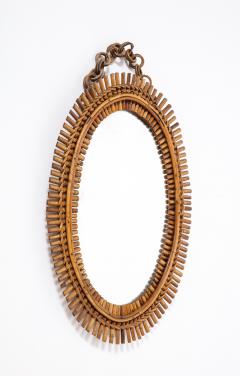 1950s Italian Oval Bamboo Mirror with Chain and Velvet Backing - 4782409