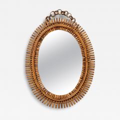 1950s Italian Oval Bamboo Mirror with Chain and Velvet Backing - 4788555