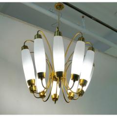 1950s Italian Vintage Stilnovo Style White Glass Ten Light Brass Chandelier - 559995