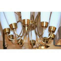 1950s Italian Vintage Stilnovo Style White Glass Ten Light Brass Chandelier - 559997