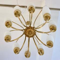 1950s Italian Vintage Stilnovo Style White Glass Ten Light Brass Chandelier - 559998