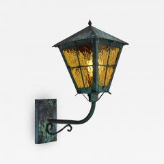 1950s Large Scandinavian Outdoor Wall Light in Patinated Copper and Amber Glass - 2494430