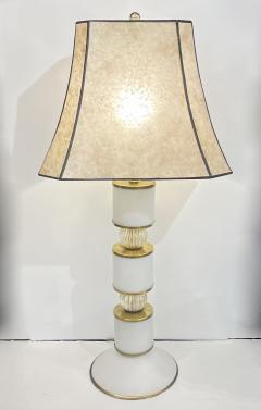 1950s Mid Century Italian Pair Tall White Gold Murano Glass Lamps Mica Shades - 4366625