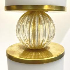 1950s Mid Century Italian Pair Tall White Gold Murano Glass Lamps Mica Shades - 4366626