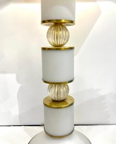 1950s Mid Century Italian Pair Tall White Gold Murano Glass Lamps Mica Shades - 4366629