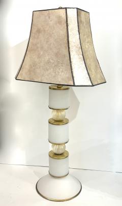 1950s Mid Century Italian Pair Tall White Gold Murano Glass Lamps Mica Shades - 4366631