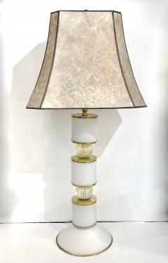 1950s Mid Century Italian Pair Tall White Gold Murano Glass Lamps Mica Shades - 4366632