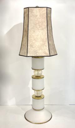 1950s Mid Century Italian Pair Tall White Gold Murano Glass Lamps Mica Shades - 4366633