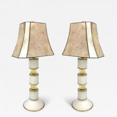1950s Mid Century Italian Pair Tall White Gold Murano Glass Lamps Mica Shades - 4368941