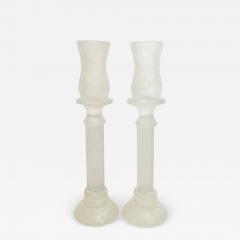 1950s Mid Century Modern Italian White Grey Scavo Murano Glass Pair Candlesticks - 4169173