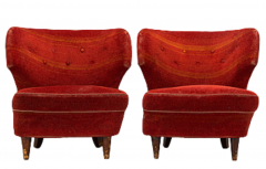 1950s Swedish winged slipper chair in red velvet - 2985258