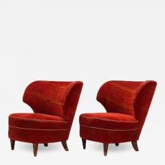 1950s Swedish winged slipper chair in red velvet - 2985509