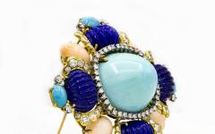 1960S 18K YELLOW GOLD 4 CARAT BABY CORAL LAPIS TURQUOISE DIAMOND BROOCH - 2363132