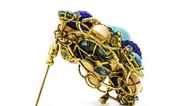 1960S 18K YELLOW GOLD 4 CARAT BABY CORAL LAPIS TURQUOISE DIAMOND BROOCH - 2363133