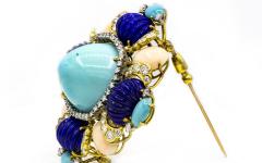 1960S 18K YELLOW GOLD 4 CARAT BABY CORAL LAPIS TURQUOISE DIAMOND BROOCH - 2363134