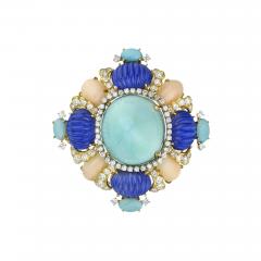 1960S 18K YELLOW GOLD 4 CARAT BABY CORAL LAPIS TURQUOISE DIAMOND BROOCH - 2366592