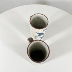 1960s Asian Blue MCM Organic Stoneware Pottery Coffee Mugs Hand Painted - 2926527