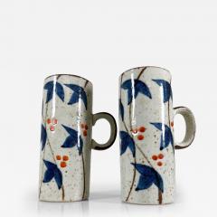 1960s Asian Blue MCM Organic Stoneware Pottery Coffee Mugs Hand Painted - 2927553